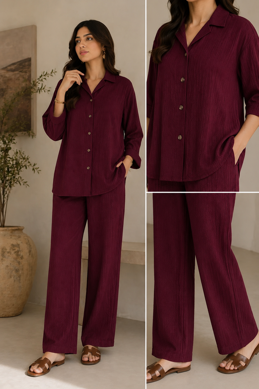 Premium Ribbed Co-ord Set – Maroon