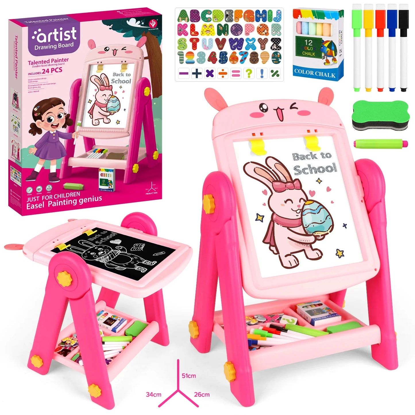 Art Easel Dual Sided Magnetic Drawing Board - Pink