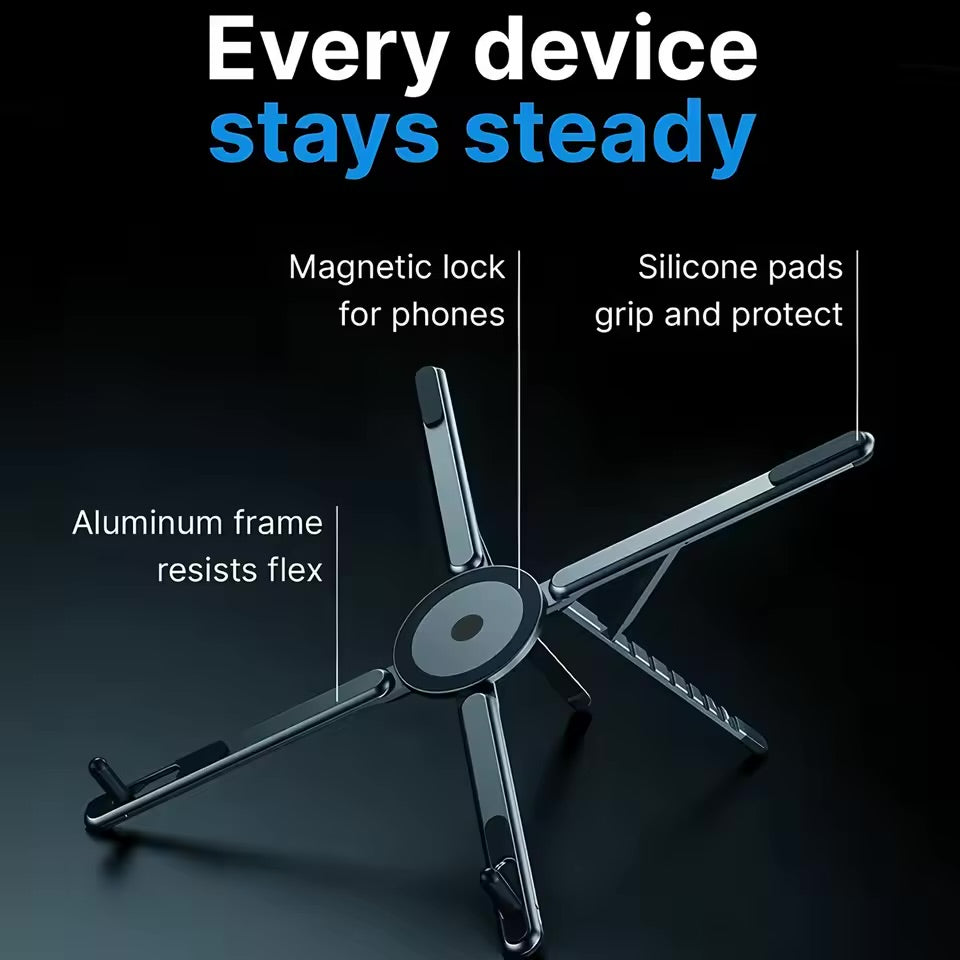 Portable Magnetic Phone Holder & Selfie Stick 3-in-1 Foldable Tripod Stand for iPhone iPad Tablet Laptop Desktop Use