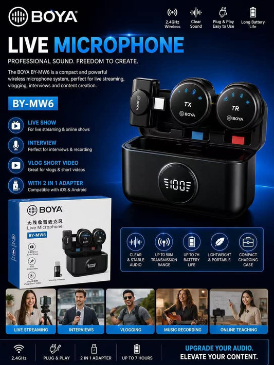 BOYA BY-MW6 Wireless Lavalier Microphone – Dual Transmitter, Crystal Clear Audio & Plug-and-Play