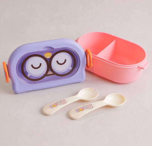 Lilac Cartoon Lunch Box with Spoon & Fork – Kids 2-Compartment Bento Box