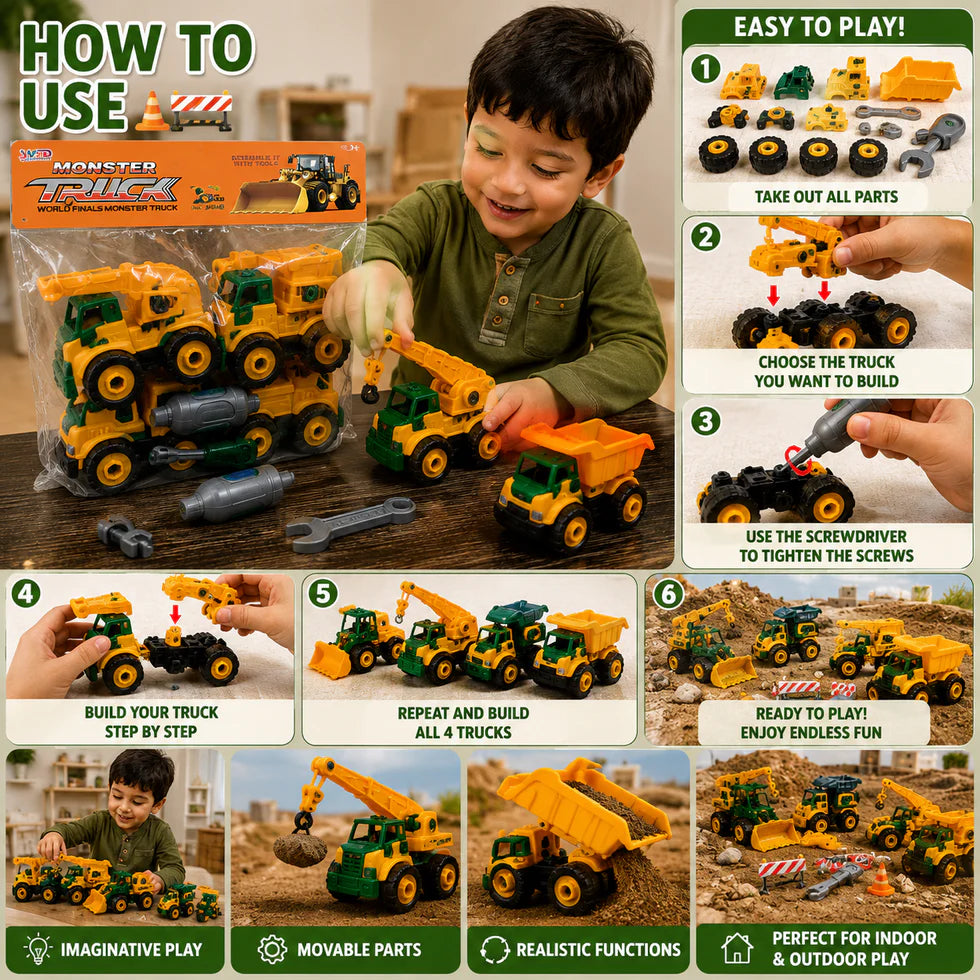 4 In 1 Construction Truck Toy Playset with Tools