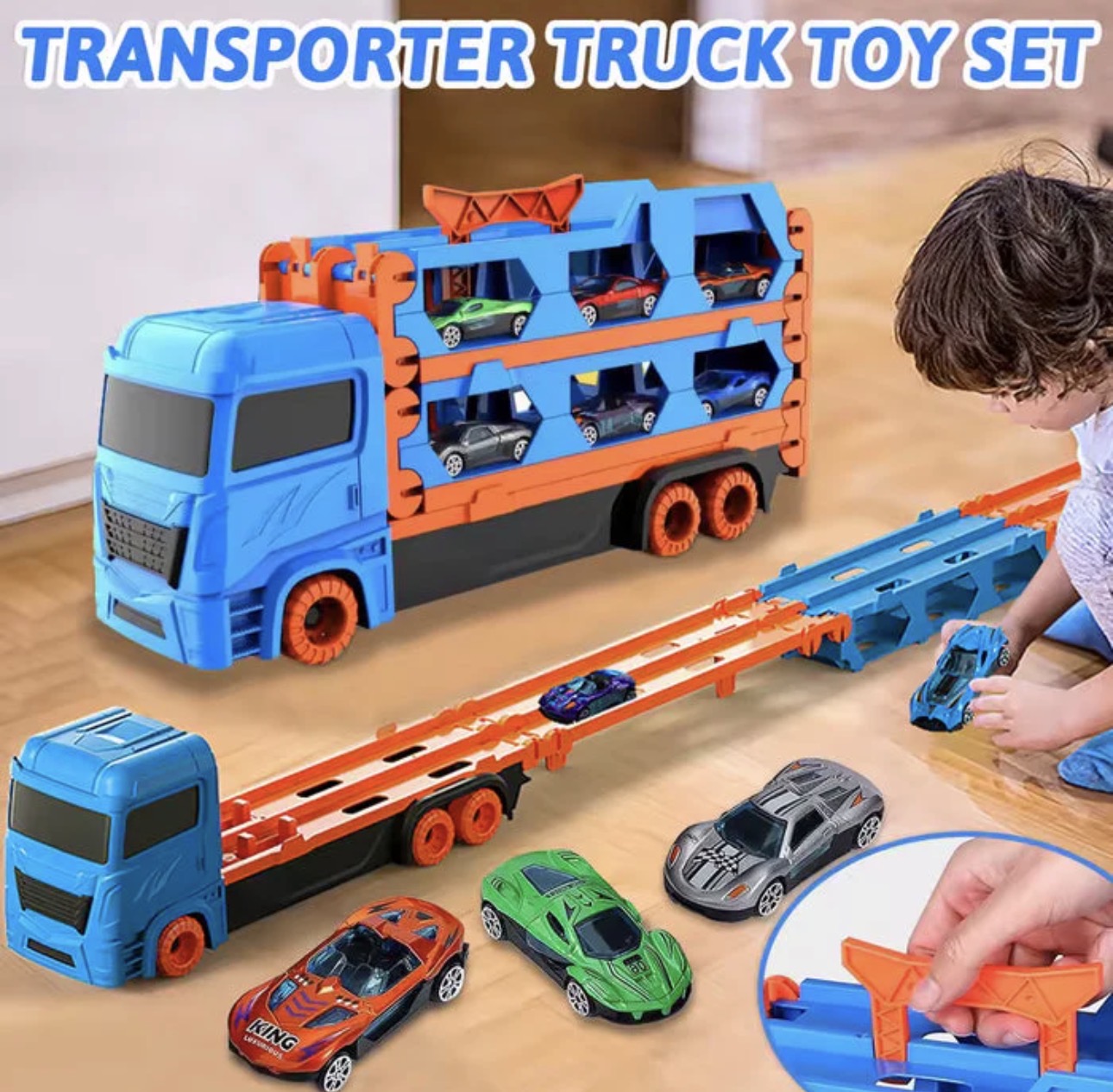 2-In-1 Transforming Truck Playset With Race Track & 4 Alloy Cars