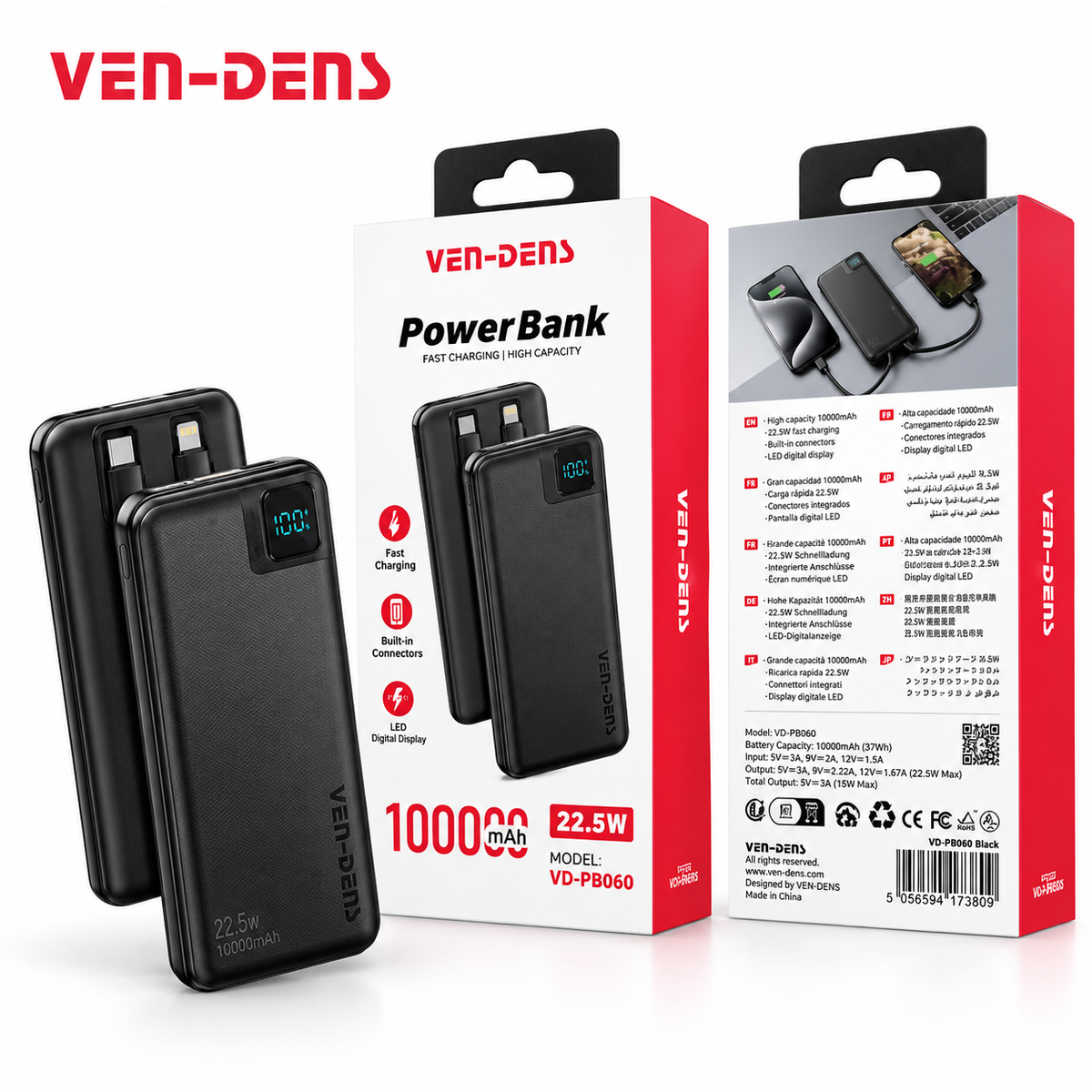 Fast Charging Power Bank 10000mAh with Built-In Cables