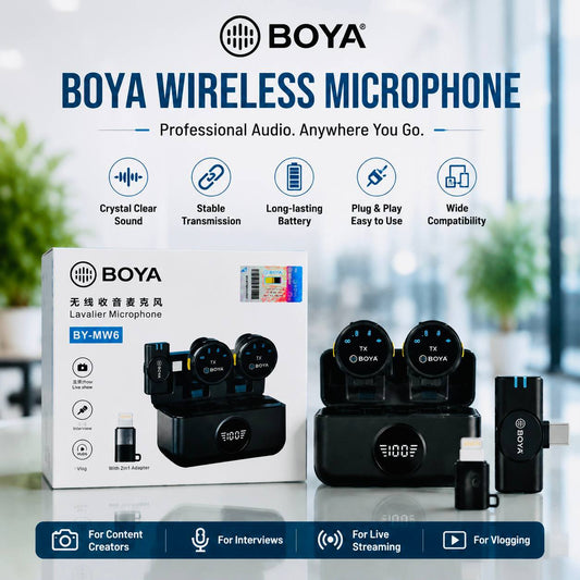 BOYA BY-MW6 Wireless Lavalier Microphone – Dual Transmitter, Crystal Clear Audio & Plug-and-Play