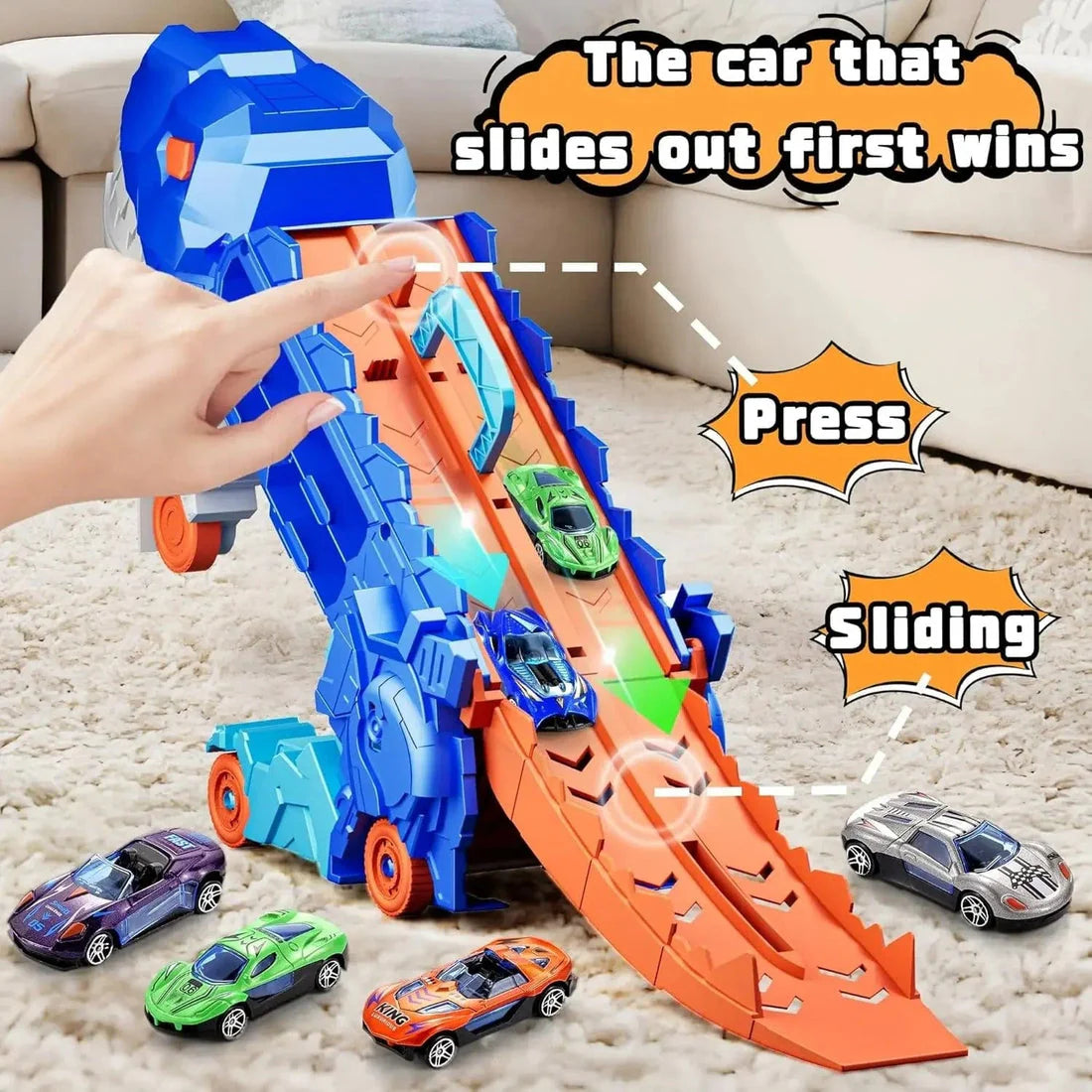 2-In-1 Foldable Dinosaur Truck With 6 Pcs Cars And Racing Track