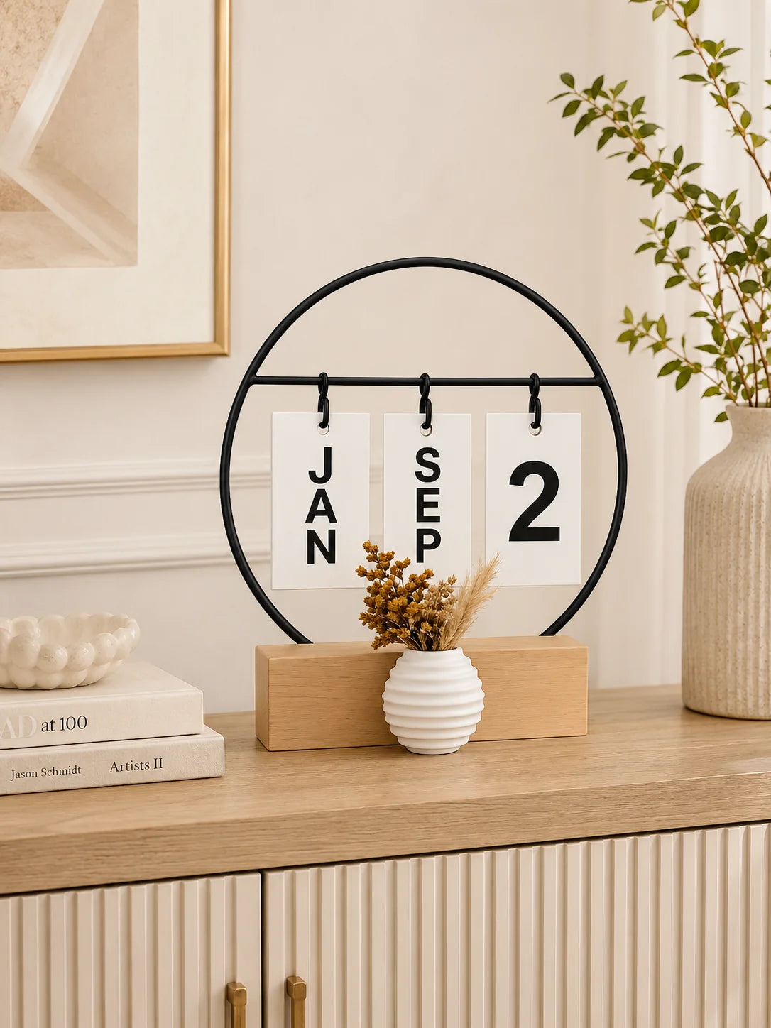 Perpetual Flip Calendar with Mini Vase | Wooden Desktop Calendar | Modern Home & Office Desk Decor