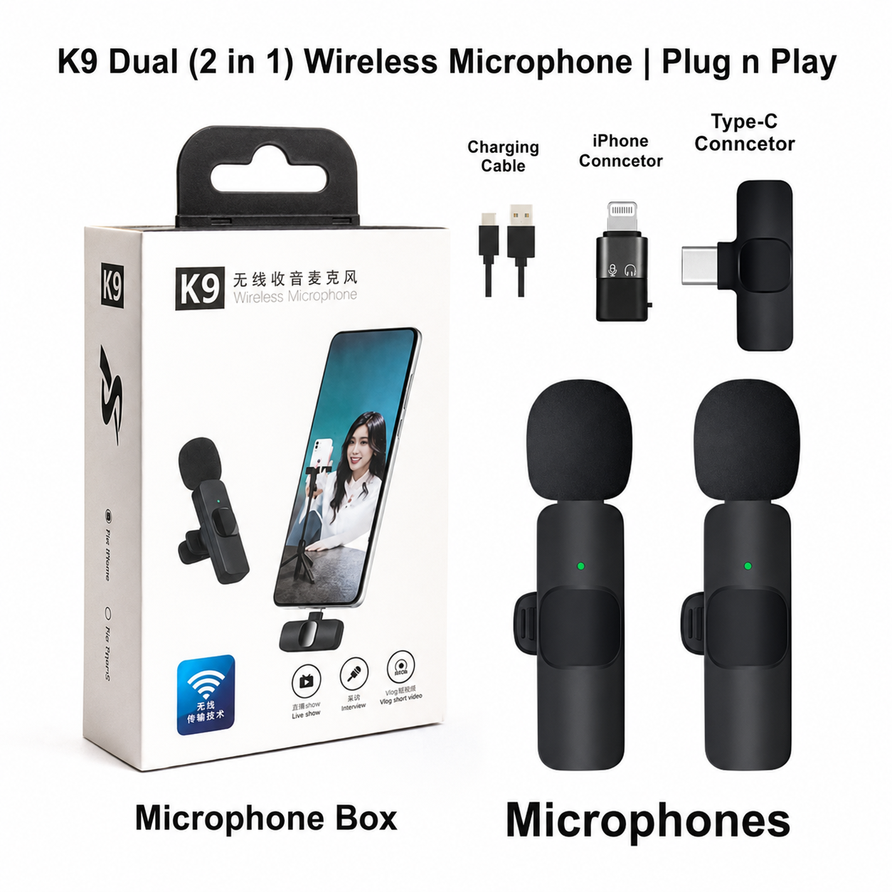 K9 Dual Wireless Lavalier Collar Microphones C-Type