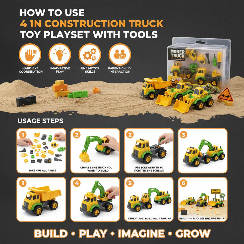 4 In 1 Construction Truck Toy Playset with Tools