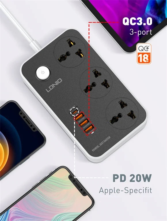 LDNIO Fast Charge Extension Board with 3 USB & 7 Sockets