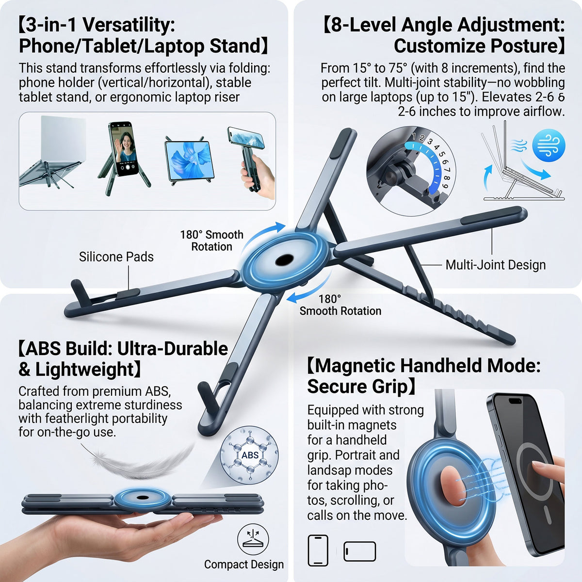 Portable Magnetic Phone Holder & Selfie Stick 3-in-1 Foldable Tripod Stand for iPhone iPad Tablet Laptop Desktop Use