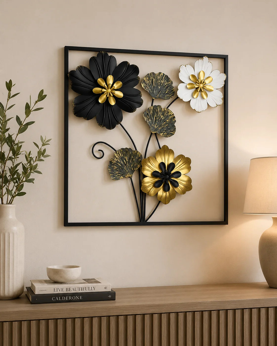 Luxury 3D Metal Floral Wall Art – Black, White & Gold Flower Wall Decor Frame | Modern Home Decoration