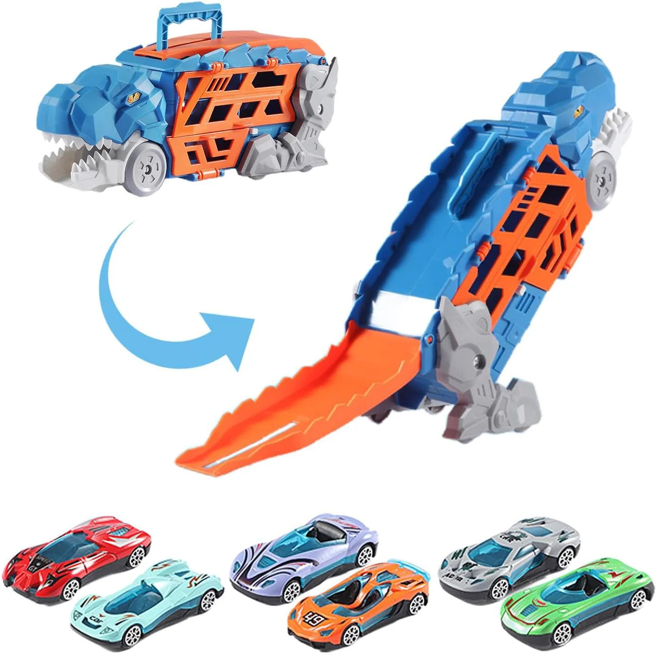 2-In-1 Foldable Dinosaur Truck With 6 Pcs Cars And Racing Track