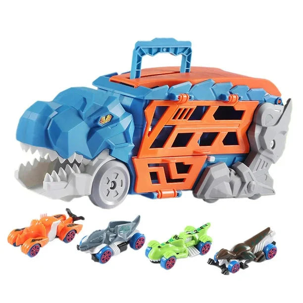 2-In-1 Foldable Dinosaur Truck With 6 Pcs Cars And Racing Track