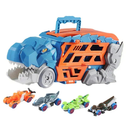 2-In-1 Foldable Dinosaur Truck With 6 Pcs Cars And Racing Track