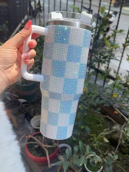 Rhinestone Tumbler 40z -Sparkling DrinkWare - Checkered White Blue