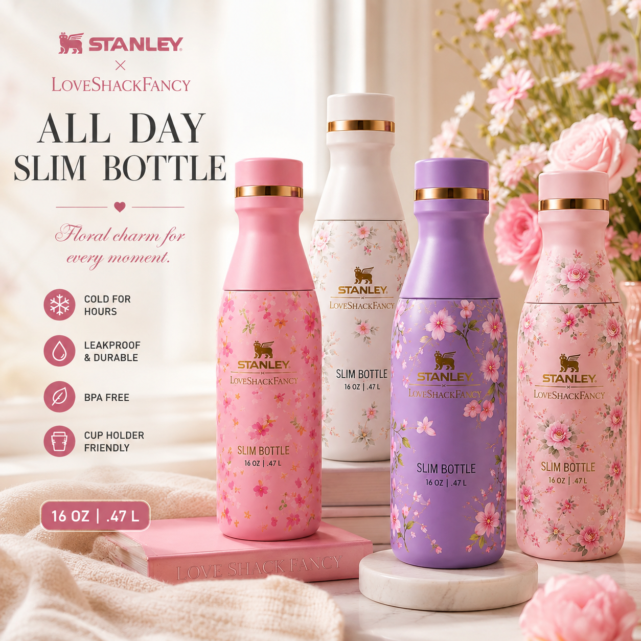 Stanley x LoveShackFancy All Day Slim Bottle – 16oz Floral Collection