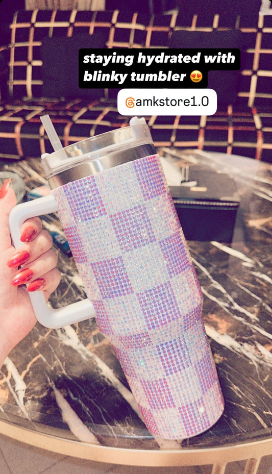 Rhinestone Tumbler 40z -Sparkling DrinkWare - Checkered White Purple.