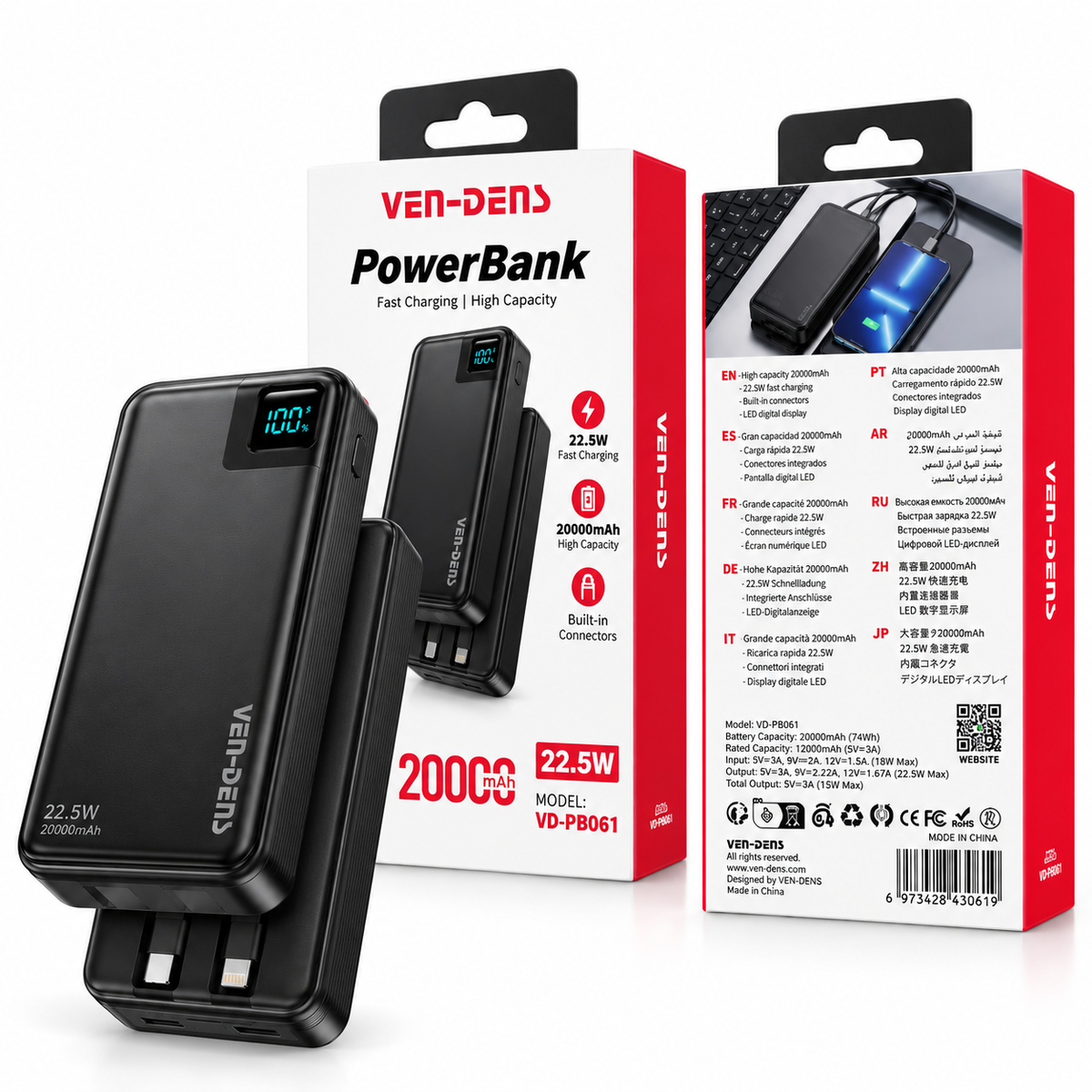 Fast Charging Power Bank 20000mAh with Built-In Cables