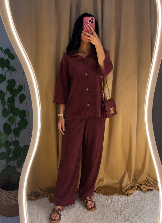 Premium Ribbed Co-ord Set – Maroon