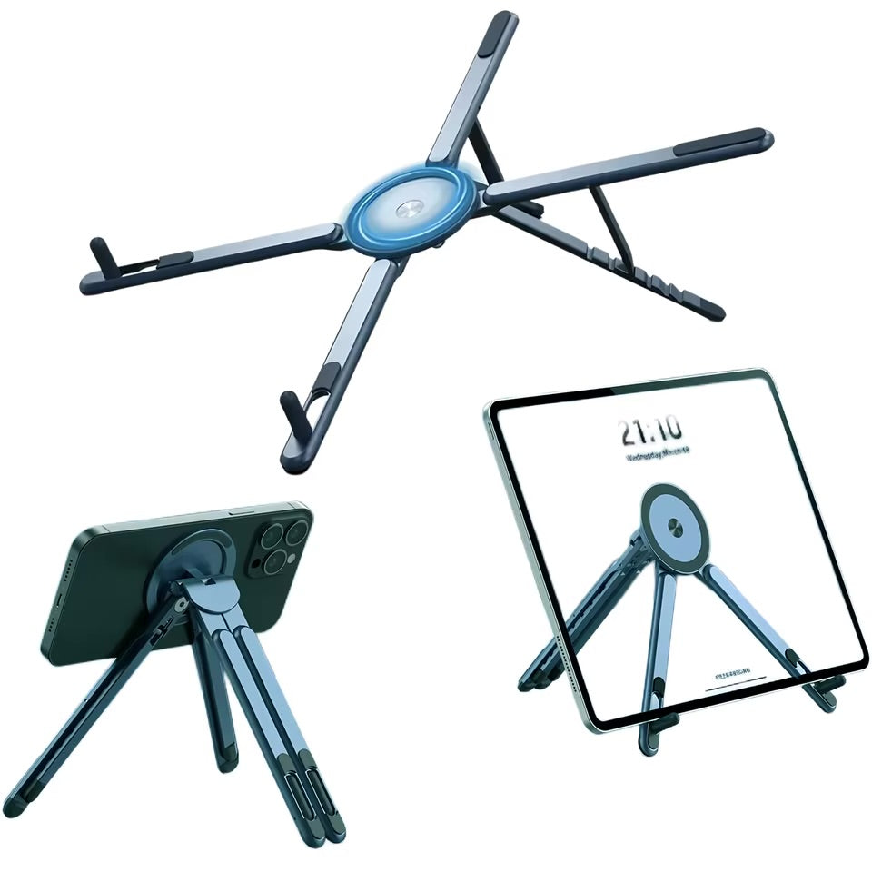 Portable Magnetic Phone Holder & Selfie Stick 3-in-1 Foldable Tripod Stand for iPhone iPad Tablet Laptop Desktop Use