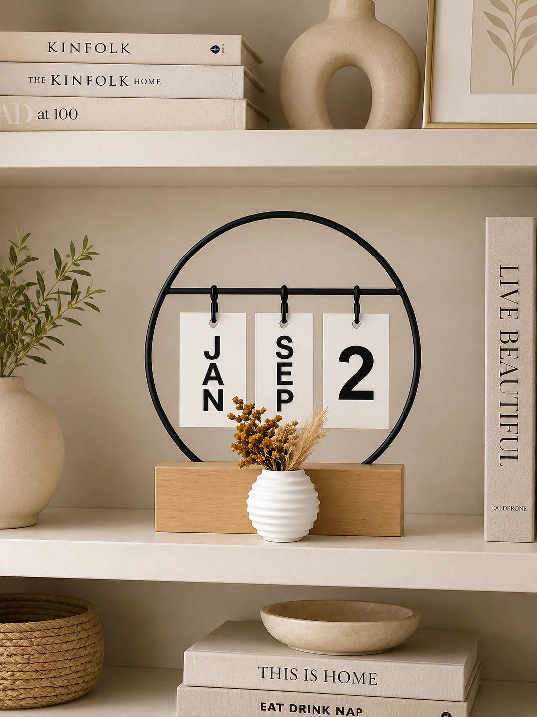 Perpetual Flip Calendar with Mini Vase | Wooden Desktop Calendar | Modern Home & Office Desk Decor