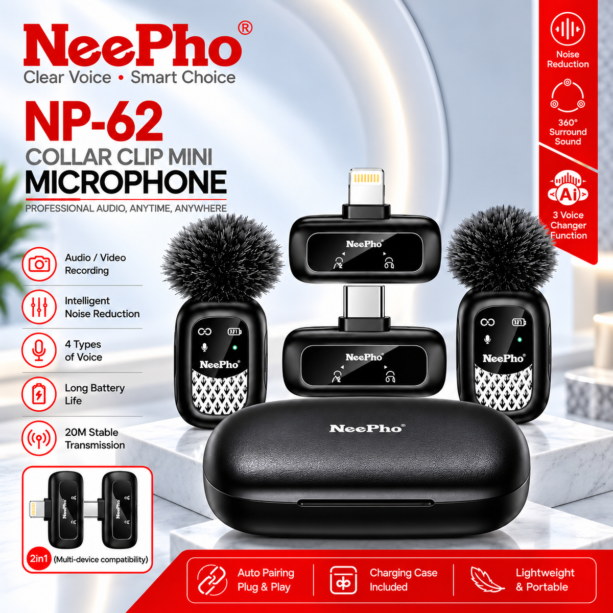 NeePho NP-62 Wireless Collar Clip Mini Microphone
