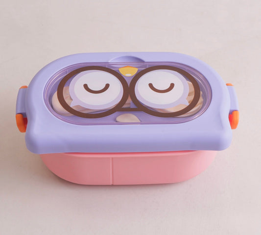 Lilac Cartoon Lunch Box with Spoon & Fork – Kids 2-Compartment Bento Box