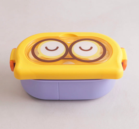 Yellow Cartoon Lunch Box with Spoon & Fork – Kids 2-Compartment Bento Box