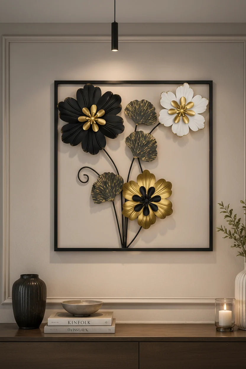 Luxury 3D Metal Floral Wall Art – Black, White & Gold Flower Wall Decor Frame | Modern Home Decoration