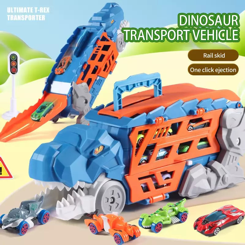 2-In-1 Foldable Dinosaur Truck With 6 Pcs Cars And Racing Track
