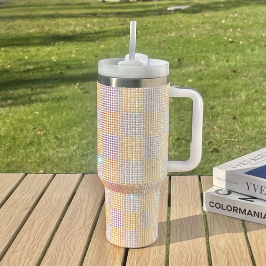Rhinestone Tumbler 40z -Sparkling DrinkWare - Checkered White Yellow