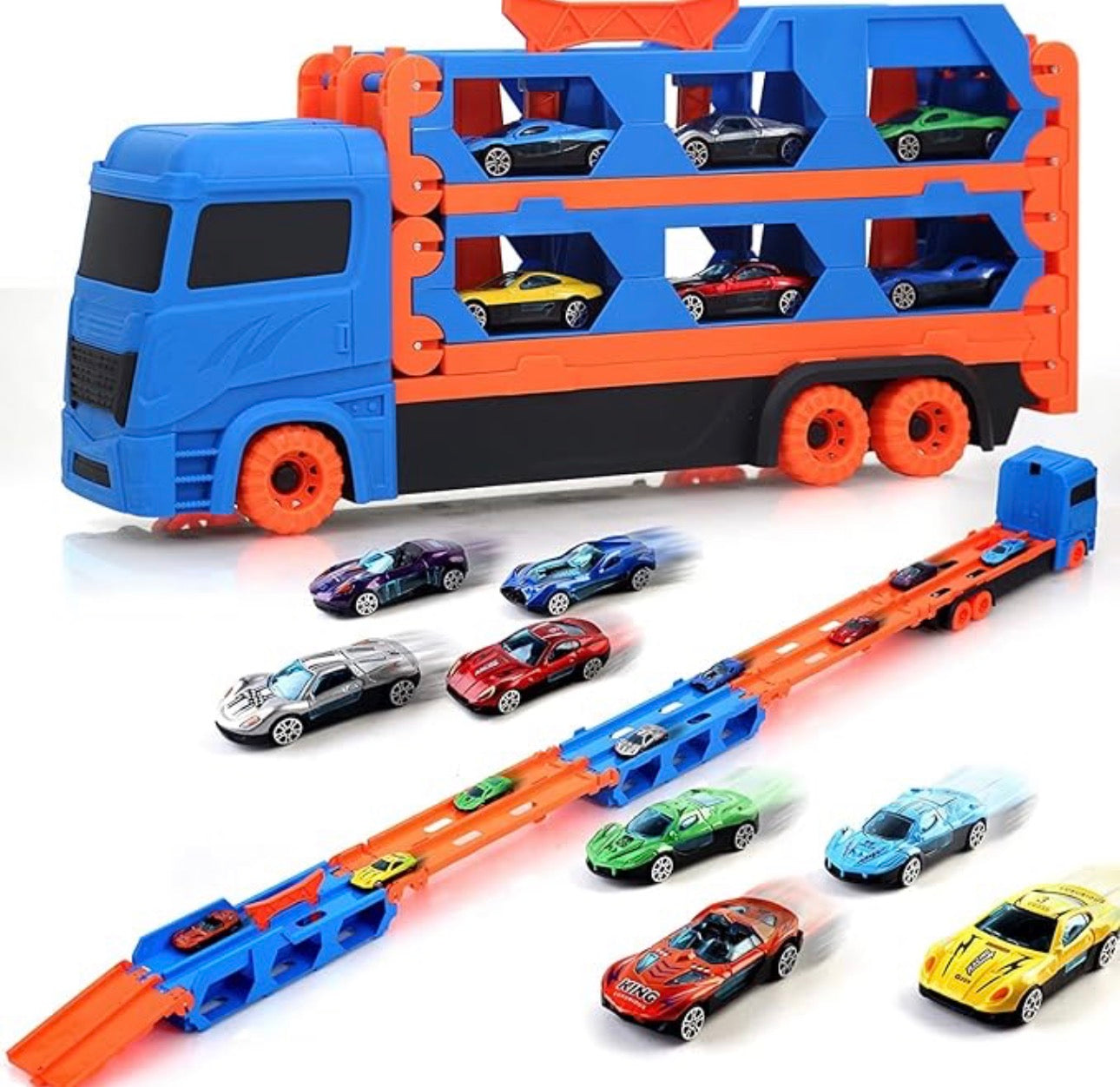 2-In-1 Transforming Truck Playset With Race Track & 4 Alloy Cars