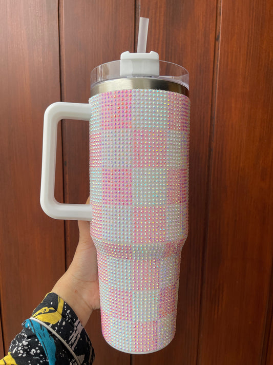 Rhinestone Tumbler 40z -Sparkling DrinkWare - Checkered White Pink.